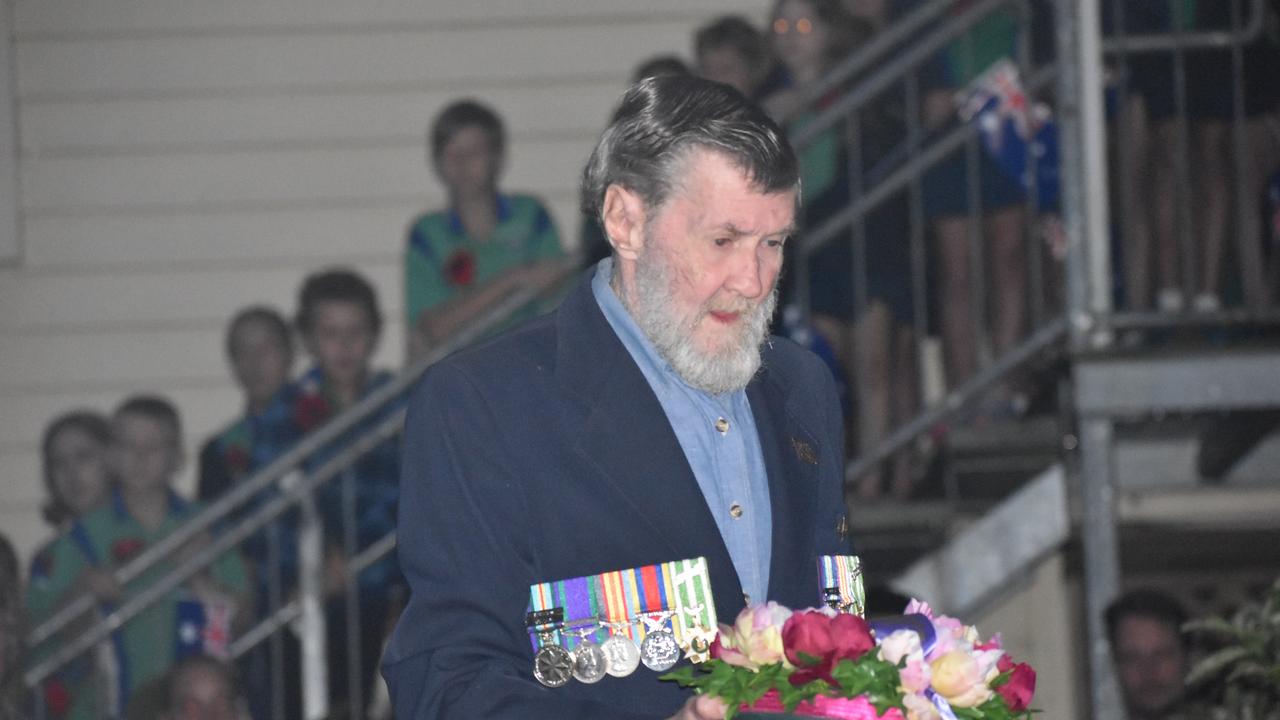 A veteran laying a wreath at the Kuttabul dawn service at the Hampden State School Remembrance Garden 2021. Picture: Lillian Watkins