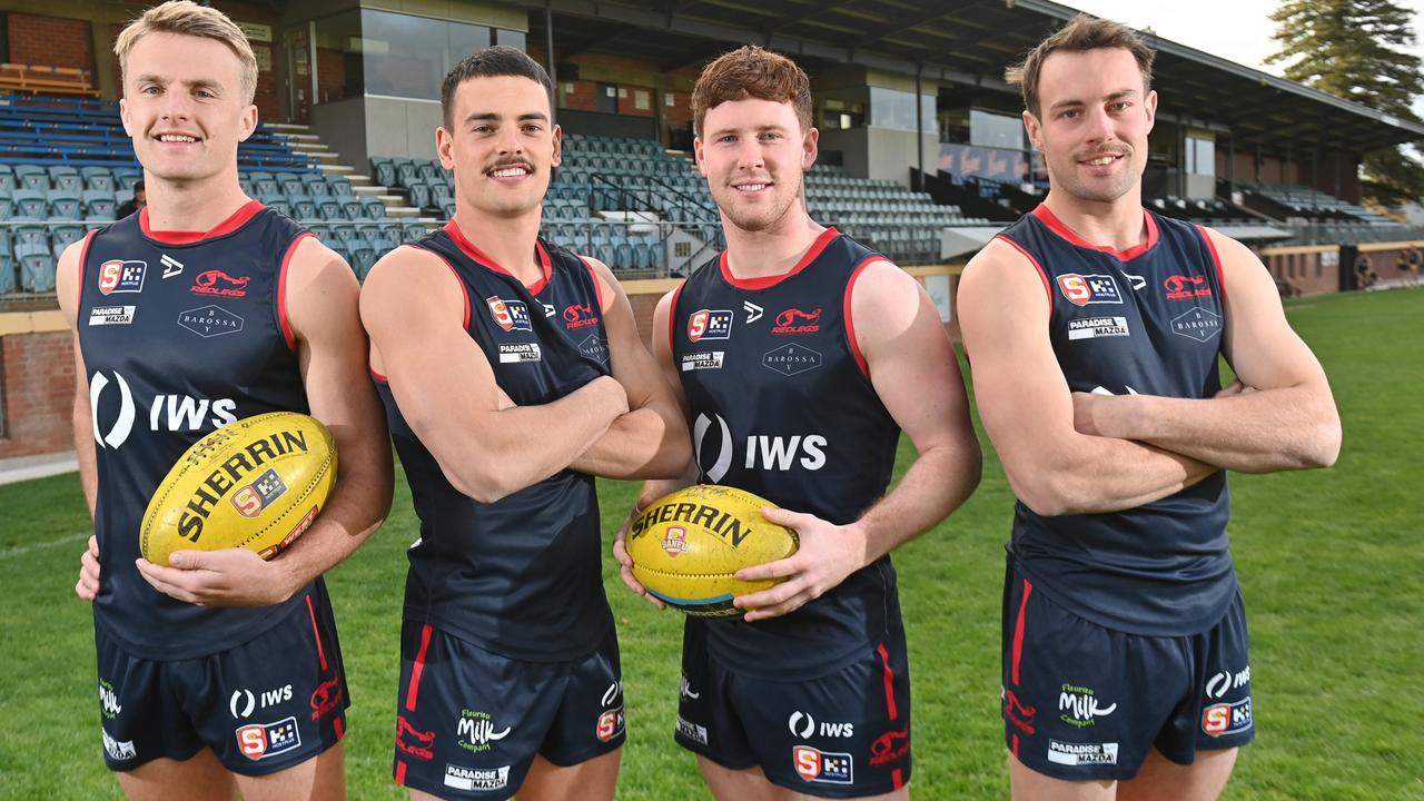 Norwood’s new midfield brigade, from left, captain Jacob Kennerley, Billy Cootee, Baynen Lowe and Mitch O'Neill at The Parade as the team trained in preparation for Sunday’s SANFL grand final. Picture: Keryn Stevens