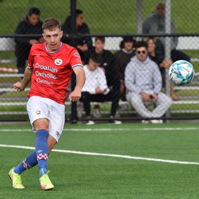 Luca Loncar playing the ball forward for South Coast United. Picture: Richie Wagner