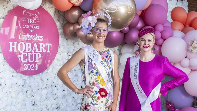 Ashley Meaburn (Best Dress Lady) and Daisy Grace (Best Dress Millinery). Hobart Cup 2024. Picture: Caroline Tan