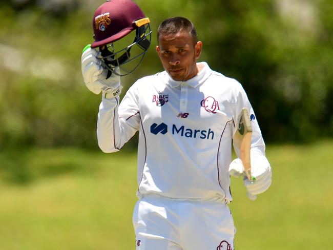 sheffield Shield match between Queensland Bulls and Tasmanian Tigers at Townsville's Riverway Stadium. Queensland's Usman Khawaja celebrates reaching 100. Picture: Evan Morgan