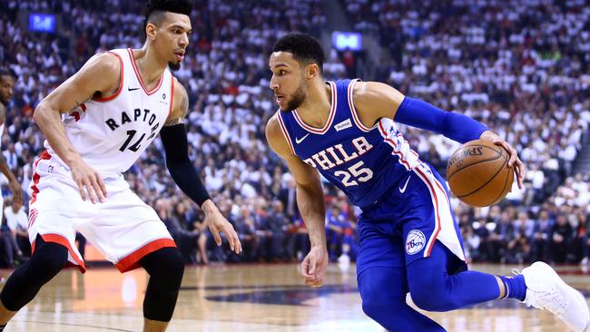 Ben Simmons of the Philadelphia 76ers drives towards the hoop against the Toronto Raptors. Picture: Getty