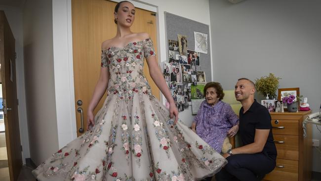 Paolo Sebastian founder Paul Vasileff and his Nonna, Domenica Imbesi, and Finesse model Havana. Picture: Roy VanDerVegt