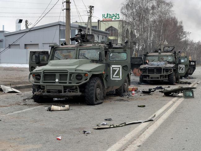 This picture shows Russian infantry mobility vehicles GAZ Tigr destroyed as a result of fighting in Kharkiv. Picture: AFP