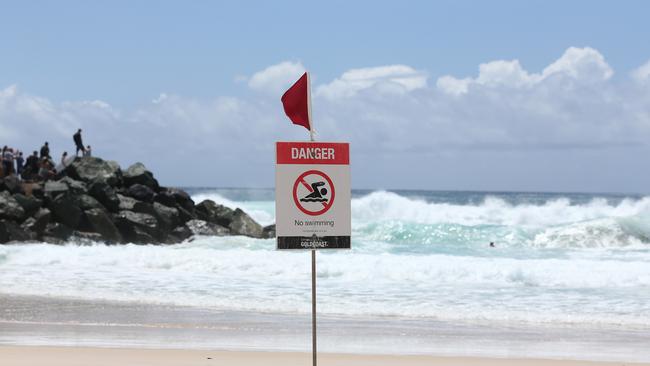 Coolangatta beach closed during a previous cyclone warning in 2019. (Photo by Chris Hyde/Getty Images)