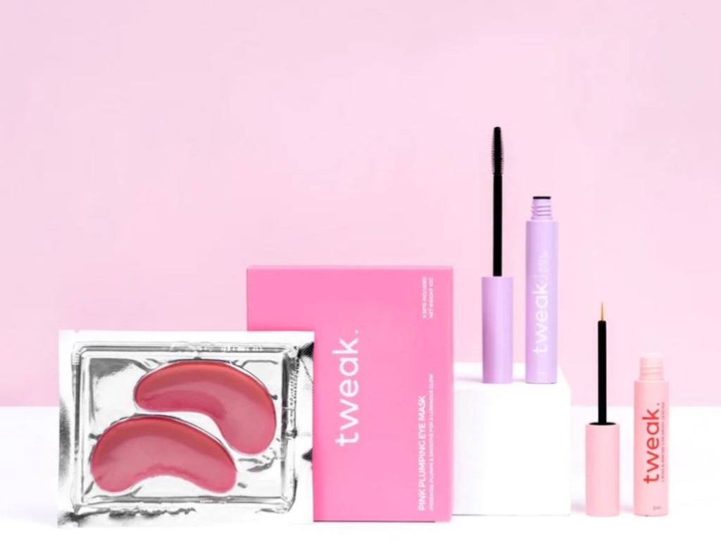 Tweak Cosmetica's best-selling bundle includes the Lash &amp; Growth Serum, Sleek Styler and Pink Plumping Eye Mask. Picture: Tweak Cosmetica