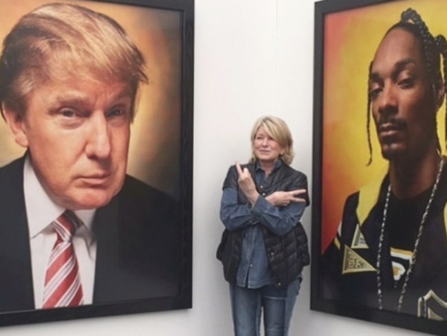 Martha Stewart gives the finger to a portrait of Donald Trump at the Frieze Art Fair in New York in May 2017. Picture: Instagram