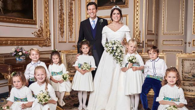 In her 2018 wedding to Jack Brooksbank, Princess Eugenie had no bridesmaids, but a series of page boys and flower girls. Picture: supplied