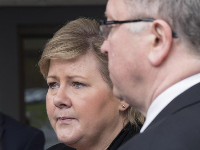 Norway's Prime Minister Erna Solberg and Statoil's CEO Eldar Saetre talk to the press after a meeting with the families of the people who died in the crash. Picture: Terje Bendiksby/NTB scanpix via AP