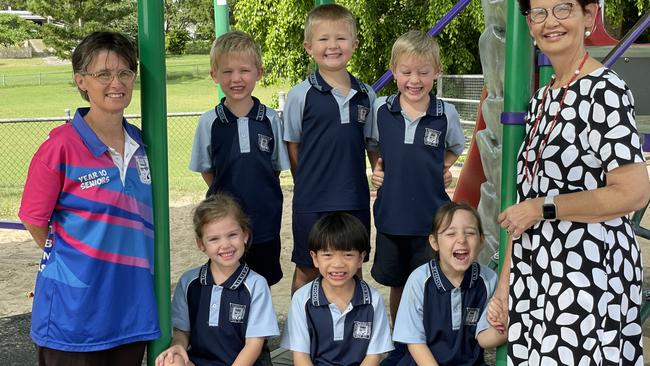 Kilkivan State School (P-10) (back from left) Jaxon Heeb, Chase Smith, Joey Hill, (front from left) Montana Ryan, Johnie, Annacey-Rose Grott, and teachers Chantelle Lewis (Ms Channy) (left) and Julia Black.Gympie My First Year.