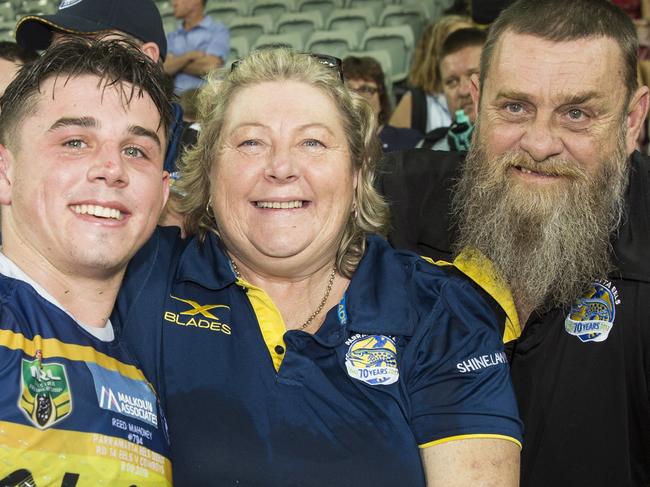 Sunshine Coast's Reed Mahoney getting a hug from his parents Leanne and Glenn after his NRL debut on Saturday night.