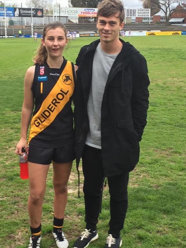 Glenelg premiership star Luke Partington (R) with his younger sister Shae-Lea Partington when she played for the Tigers' under-18 girls side. Picture: Supplied