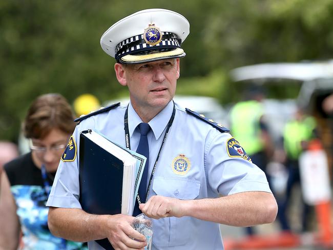 Tasmania Police Inspector Adrian Bodnar about to speak to the media after the fire at the Peacock Centre in North Hobart. Picture: SAM ROSEWARNE.