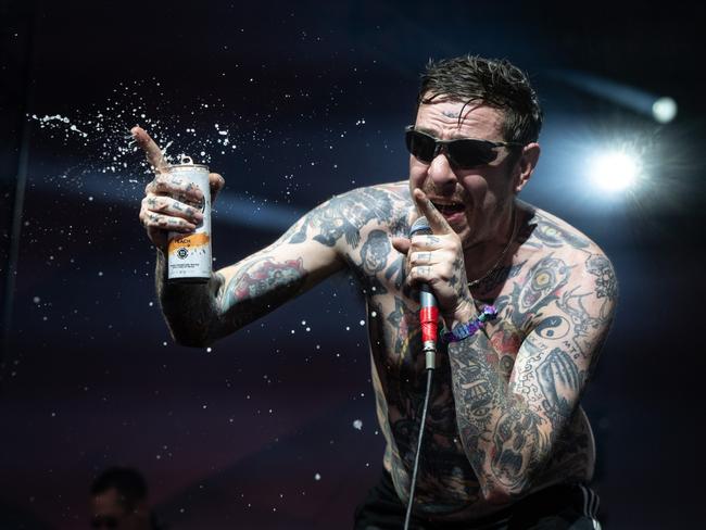 INDIO, CALIFORNIA - APRIL 19: (FOR EDITORIAL USE ONLY) Singer Sebastian Murphy of Viagra Boys performs onstage during weekend 2, day 2 of the Coachella Valley Music and Arts Festival on April 19, 2025 in Indio, California. (Photo by Scott Dudelson/Getty Images for Coachella)
