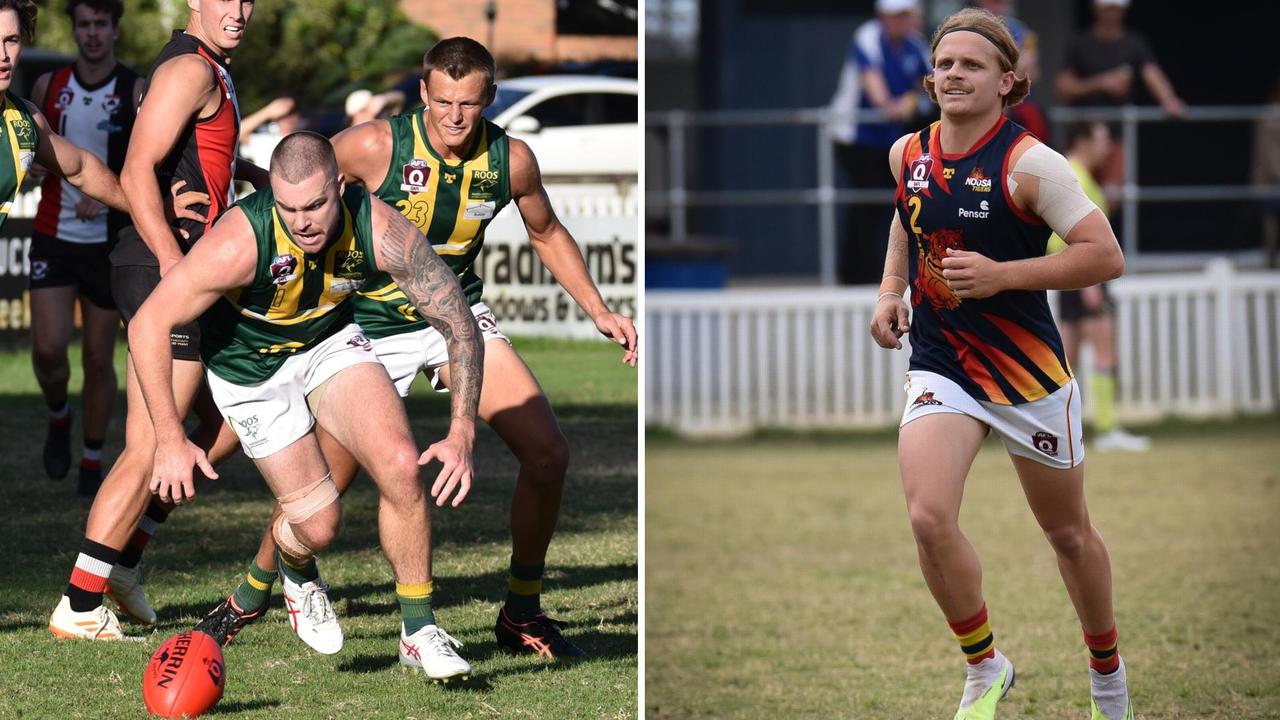 QAFL players Sam McKenzie (Maroochydore) and Wil O’Dwyer (Noosa). Pictures: Highflyer Images and Brooke Sleep Media.