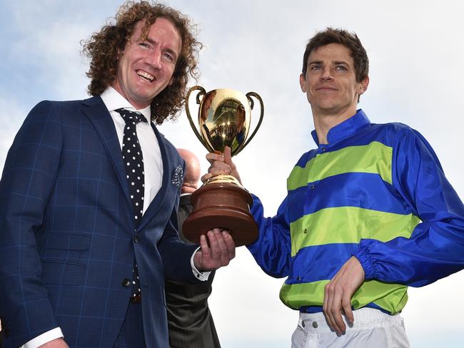 Ciaron Maher (left) and Nick Hall after Jameka’s victory.