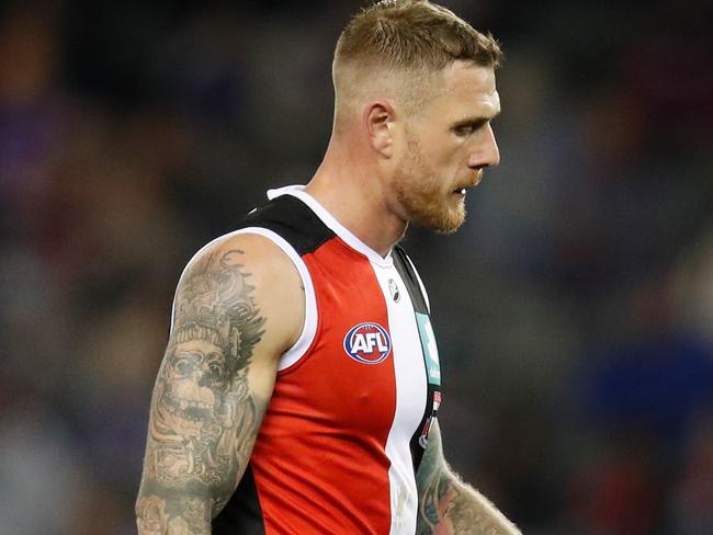 Tim Membrey’s partner is due this month, making the prospect of hubs difficult for the Saint. Picture: AFL Photos/Getty Images