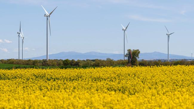 Wind turbines used to generate electricity are seen in Burgos, northern Spain, on April 29, 2025, the day after a massive power cut affecting the entire Iberian Peninsula and the south of France. (Photo by CESAR MANSO / AFP)