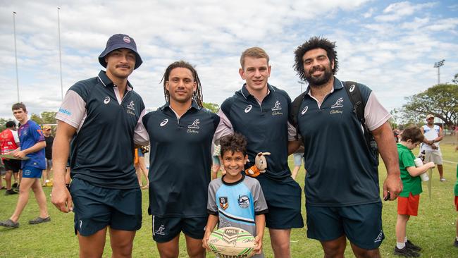 Jordan Petaia, Isaak Fines-Leleiwasa, Frankie Dos Reis, Max Jorgensen and Zane Nonggorr as the Wallabies get around the NT Rugby Union community before the 2023 World Cup. Picture: Pema Tamang Pakhrin