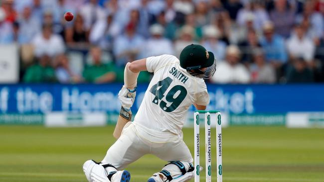 Smith falls to the ground after being hit in the head by Jofra Archer during the second Ashes Test last year. Picture: AFP