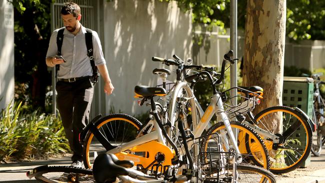 17/10/2017: oBikes are left lying around Melbourne. Picture: Stuart McEvoy for the Australian.