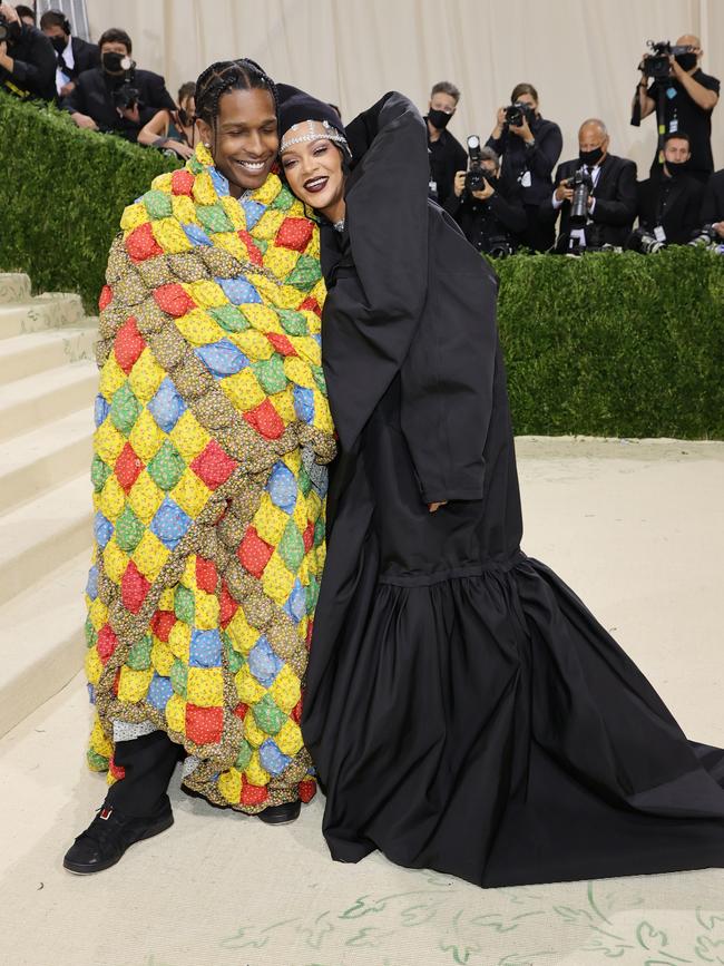 A$AP Rocky and Rihanna channelled their inner Project Runway “unconventional materials” challenge and ran to their spare room and she tore the curtains while her hubby grabbed the bed quilt at the 2021 Met Gala. Picture: Getty.