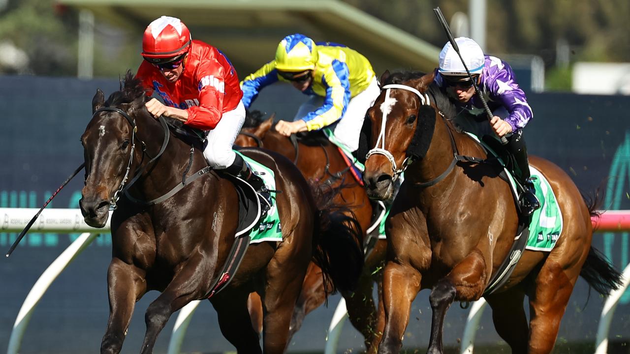 Nash Rawiller guides Too Much Caviar (left) to victory over Cadetship at Rosehill. Picture: Getty Images