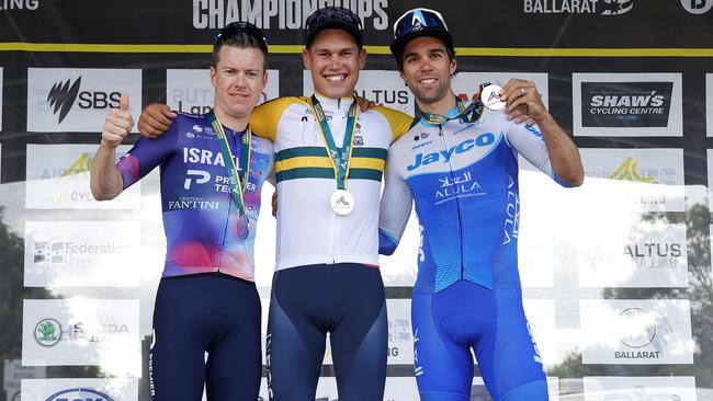 Simon Clarke, Luke Plapp and Michael Matthews on the podium after the men's road race in Ballarat. Photo by Con Chronis/AusCycling