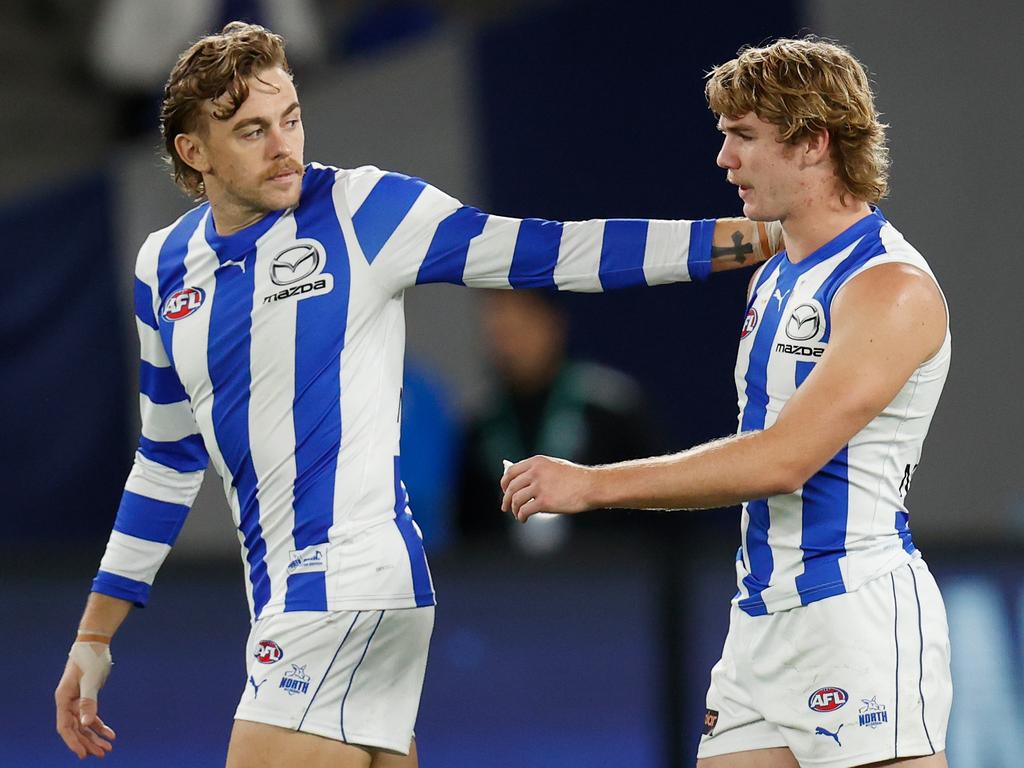 Horne-Francis with former North Melbourne teammate Hugh Greenwood. Picture: Michael Willson/AFL Photos