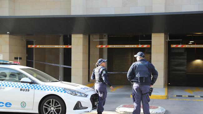 DAILY TELEGRAPH. JUNE 28, 2022. Pictured is the carpark entry in Rhodes today where former Lone Wolf bikie Yusuf Nazlioglu was shot last night.