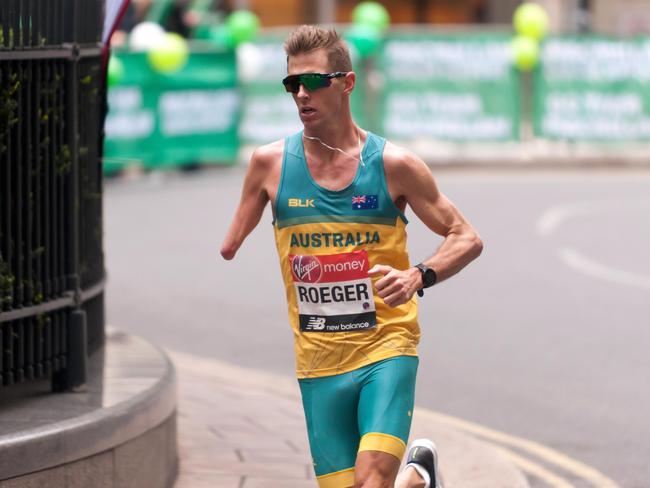 Paralympic athlete, Michael Roeger competing in the 2019 London Marathon. He finished first in the T45/46 Category.