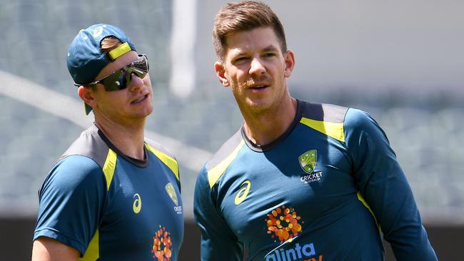 Tim Paine (R) and Steve Smith at training. Picture: William West/AFP