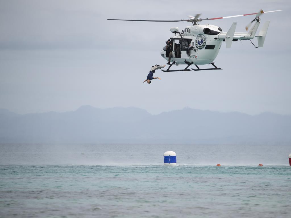 Grylls casually exits a chopper during filming in Fiji. Picture: Amazon