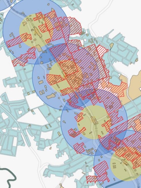 A map of parts of Ku-ring-gai showing where rezoning changes are allowed (circled) and the location of heritage conservation areas (in red)