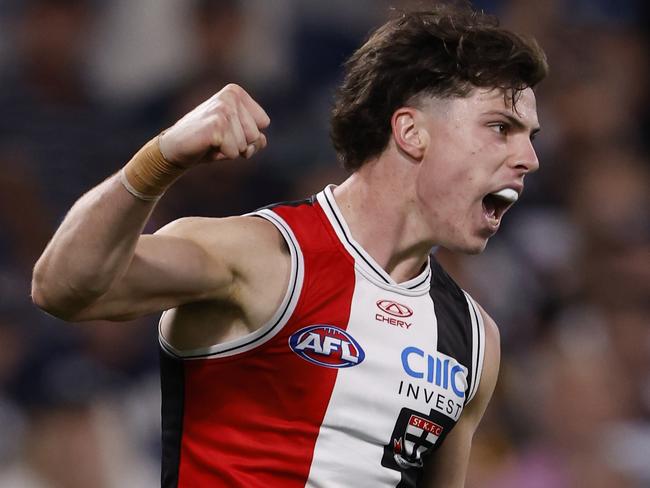 GEELONG, AUSTRALIA - MARCH 16:  Darcy Wilson of the Saints celebrates a goal during the round one AFL match between Geelong Cats and St Kilda Saints at GMHBA Stadium, on March 16, 2024, in Geelong, Australia. (Photo by Darrian Traynor/Getty Images)