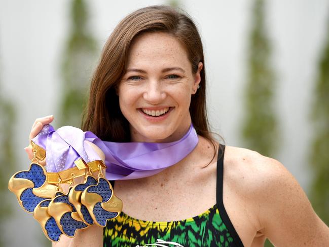 Cate Campbell with her PanPacs haul of five gold medals.