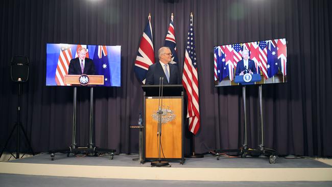 Prime Minister Scott Morrison on Thursday announced the creation of an enhanced trilateral security partnership called AUKUS. Picture: Newswire/Gary Ramage