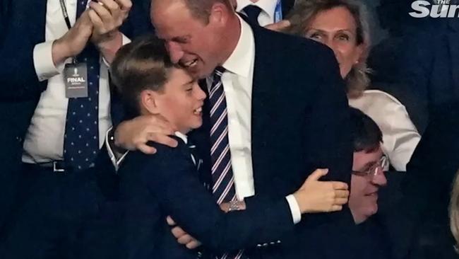 Prince George and Prince William at Olympiastadion on July 14 in Berlin. Picture: The Sun