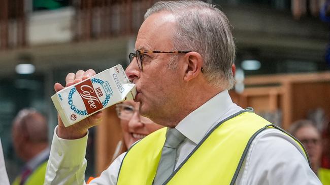 ADELAIDE, AUSTRALIA - MAY 01: Prime Minister Anthony Albanese drinks a carton of iced coffee flavoured milk while visiting a TAFE in Tonsley, in the electorate of Boothby, on May 01, 2025 in Adelaide, Australia. Australia will hold a federal election on May 3. (Photo by Asanka Ratnayake/Getty Images)