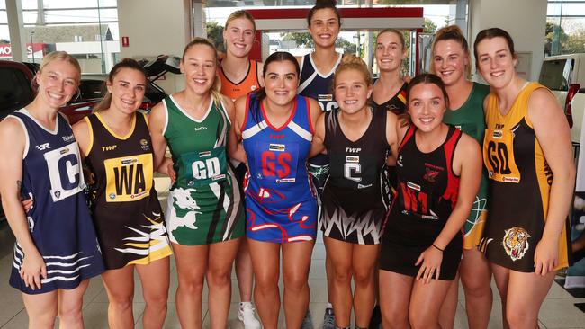 GFL captains at season launch. Keah Tonkin (Lara), Emily Murfitt (Colac), Carla O'Brien (Bell Park), Aleisha McDonald (GW Giants), Ellen Doyle (South Barwon), Grace Parker (St Mary's), Analea McKee (St Albans), Tori Honner (St Joseph's), Isabelle Bartlett (Newtown and Chilwell), Darcy Wilson (Leopold) and Ellie Murrant (Grovedale). Picture: Alan Barber