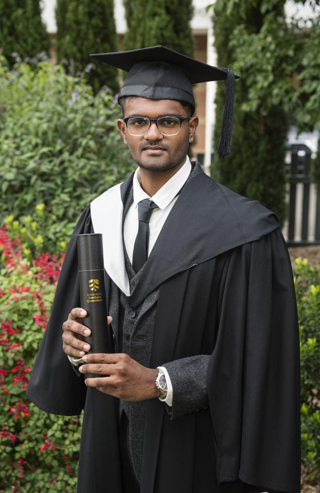 Bachelor of Business graduate Vikash Senguttuvan at a UniSQ graduation ceremony at Empire Theatres, Tuesday, February 13, 2024. Picture: Kevin Farmer