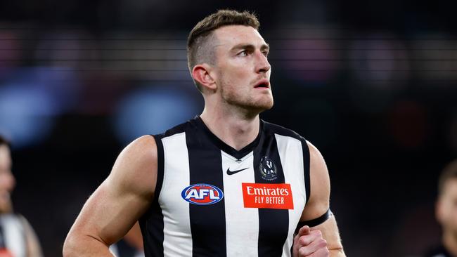 MELBOURNE, AUSTRALIA - SEPTEMBER 22: Daniel McStay of the Magpies is seen as the Magpies leave the field at half time during the 2023 AFL First Preliminary Final match between the Collingwood Magpies and the GWS GIANTS at Melbourne Cricket Ground on September 22, 2023 in Melbourne, Australia. (Photo by Dylan Burns/AFL Photos via Getty Images)