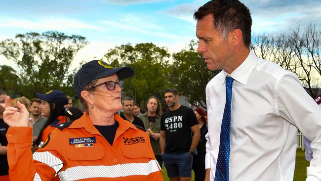 Lismore SES volunteer Kelley Bohn with NSW Premier Chris Minns at Mortimer Oval Lismore for a memorial service marking a year since the floods.