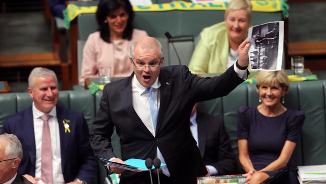 The Treasurer Scott Morrison gives his opposite Chris Bowen a spray.Question Time in the House of Representatives in Parliament House in Canberra.Picture Gary Ramage