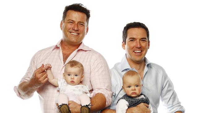 WEEKEND TELEGRAPHS - 3/9/20MUST NOT USE BEFORE CHECKING WITH WEEKEND PIC EDITOR JEFF DARMANIN - SUNDAY TELEGRAPH FATHERS DAY SPECIAL - TV personalities and brothers Karl and Peter Stefanovic with their kids in the studio today. Karl Stefanovic and daughter Harper (left) pictured with Peter Stefanovic and Oscar (right). Picture: Sam Ruttyn