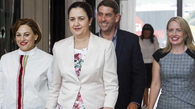 Queensland Premier Anna Palaszczuk (second left) with her new economic team, Jackie Trad (left), Cameron Dick and Kate Jones (right). Picture: AAP/Glenn Hunt