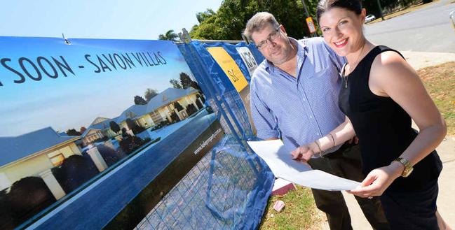 Developer John Kele and real estate agent Leanne Fenech outside the Savon Villas site on Upper Dawson Road. . Picture: Chris Ison 