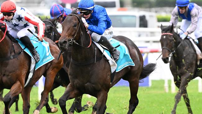 Jamie Kah produced a terrific ride from barrier 17 to win the Group 2 BRC Sires' Produce on the James Cummings-trained Broadsiding. Picture: Grant Peters / Trackside Photography