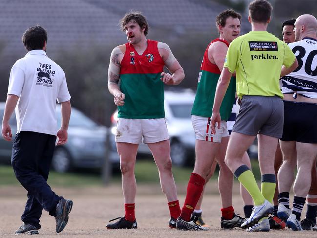 Pines player Tim Bongetti had blood coming from his nose. Pictures: Mark Dadswell