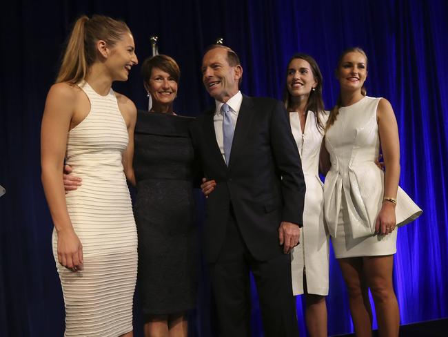 Former Prime Minister Tony Abbott and his family, from right, Bridget, Louise, wife Margaret and Frances during his victory speech after the 2013 federal election. Picture: Rob Griffith-Pool/Getty Images